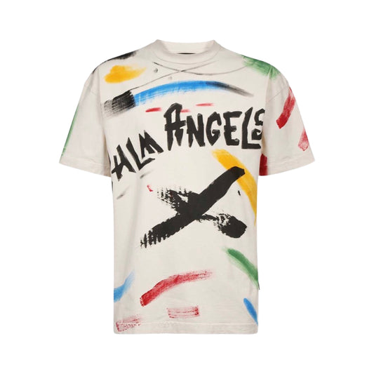 Palm Angels Brush Strokes print logo T-shirt Beige