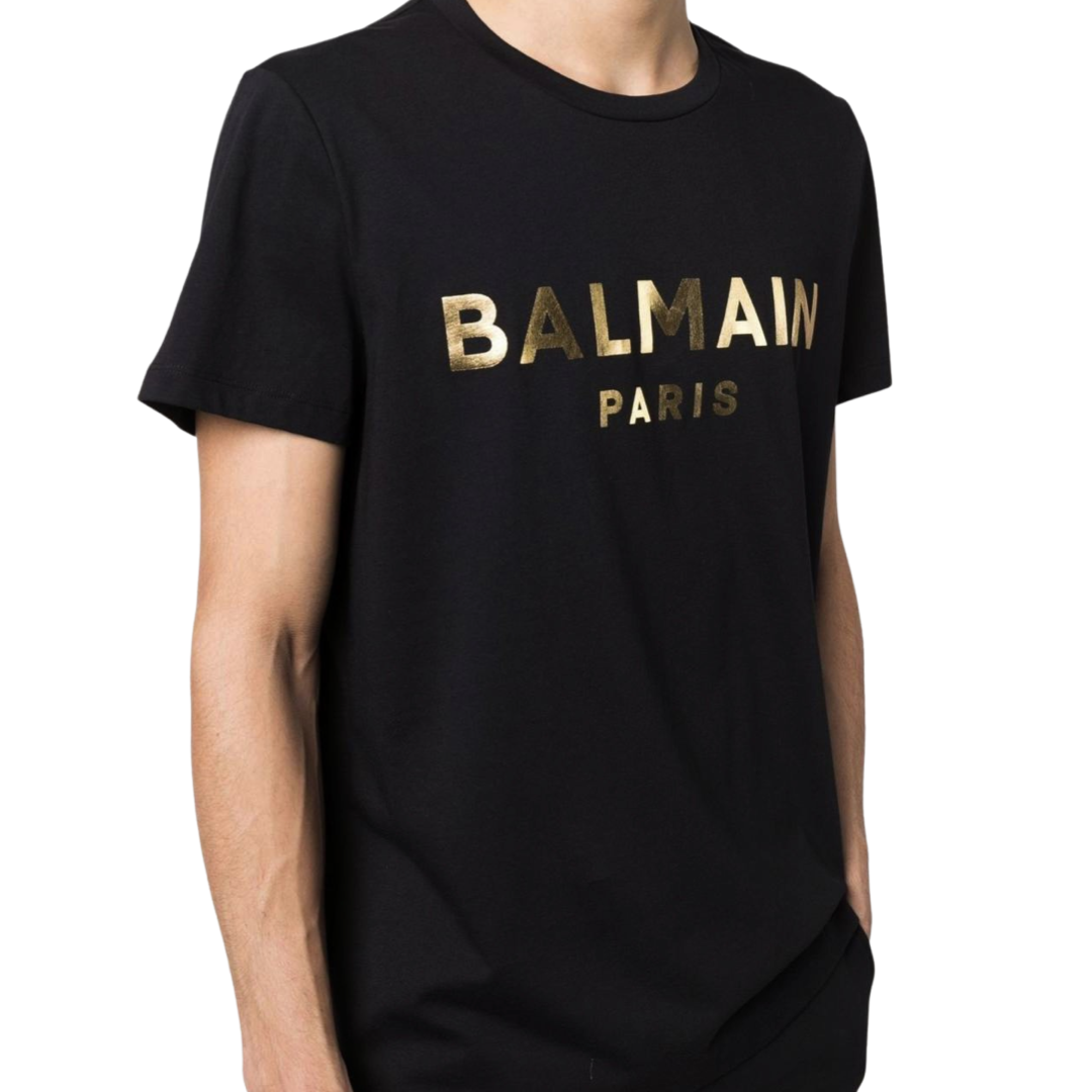 Balmain Gold foil logo short sleeve T-shirt Black